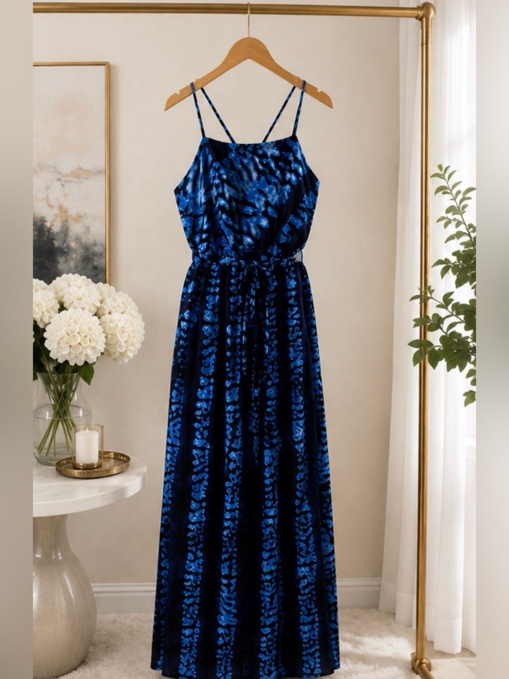 Navy Blue Printed Maxi Dress with Spaghetti Straps